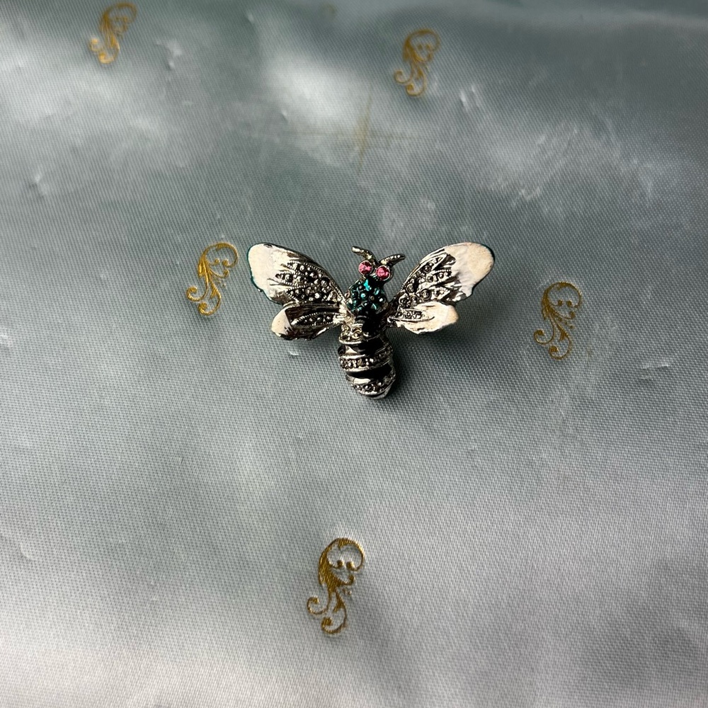Vintage Bee Brooch, Silver Tone Rhinestone Insect Pin, Mid-Century Style